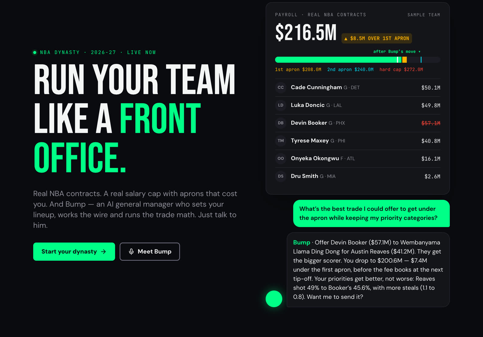 MNS Fantasy home: Run your team like a front office. A sample payroll on real NBA contracts sits $8.5M over the first apron, and Bump proposes a trade to get under it.
